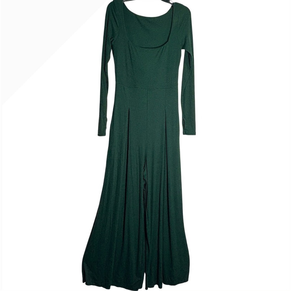 Popflex Jumpsuit Women L Green Limitless Ribbed Wide Leg Long Sleeve Scoop Neck